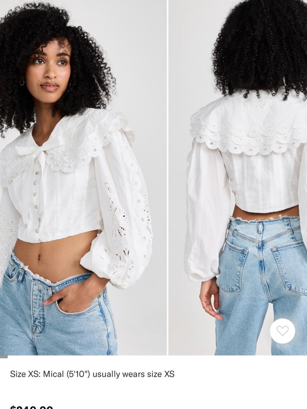 FARM Rio White Eyelet Cropped Blouse with Scalloped Statement Collar
